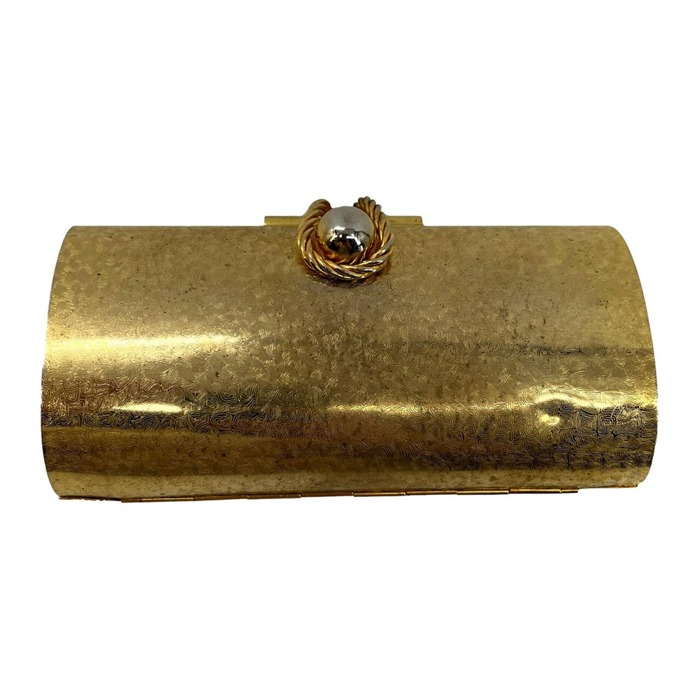 Vintage Textured Gold Metal Hard Case Clutch Optional Chain Link Shoulde…